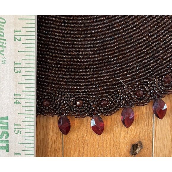 Glass Beaded Round Doily 15” Faceted Drop Crystals Brown Runner Vintage - Picture 5 of 7